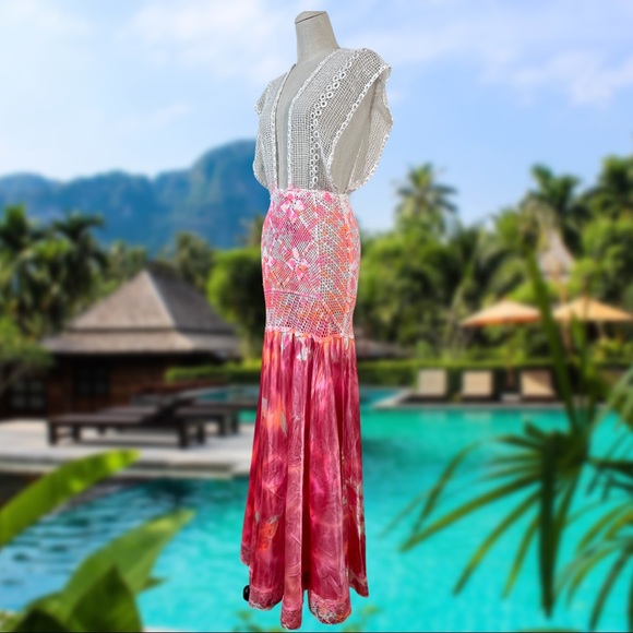 VTG Crochet Mesh Tie Dye Maxi Dress/Beach Cover Up in Pink and White - Picture 3 of 16